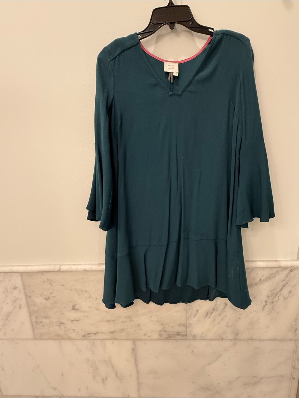 HD in Paris Teal V-Neck Ruffle-Hem Tunic with Flared Sleeves